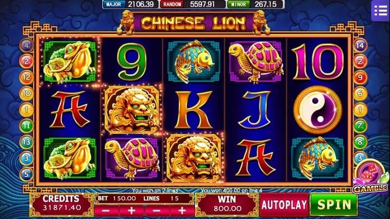 Chinese Lion dalam permainan slot kasino Mega888 Download APK dengan grafik menarik dan tema tradisional Cina