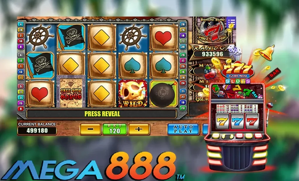 Kapal lanun emas belayar di laut gelap dengan tema permainan Mega888 Malaysia Slot Game yang penuh pengembaraan dan harta karun.