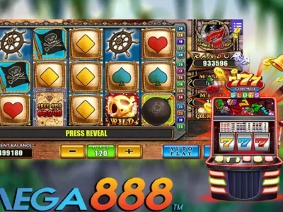 Kapal lanun emas belayar di laut gelap dengan tema permainan Mega888 Malaysia Slot Game yang penuh pengembaraan dan harta karun.